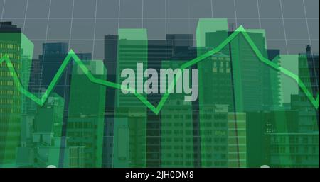 Image of financial graph and data processing over cityscape Stock Photo