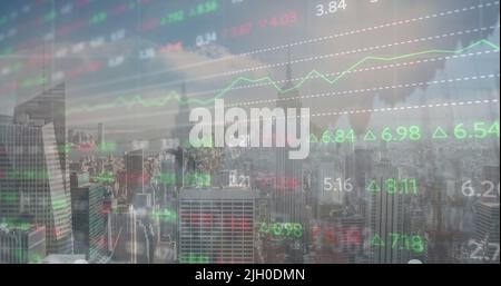 Image of financial graph and data processing over cityscape Stock Photo