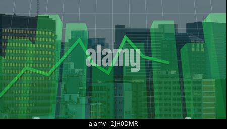 Image of financial graph and data processing over cityscape Stock Photo