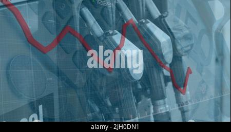 Image of graphs and data processing over fuel pumps at garage Stock Photo