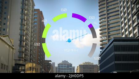 Image of speedometer over cityscape Stock Photo