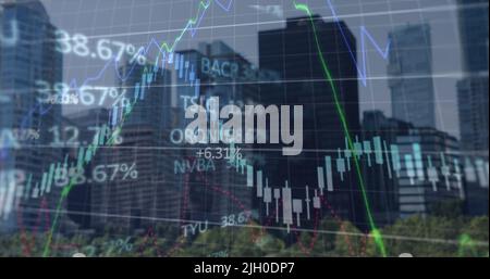 Image of financial graph and data processing over cityscape Stock Photo