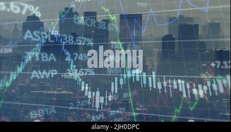 Image of financial graph and data processing over cityscape Stock Photo
