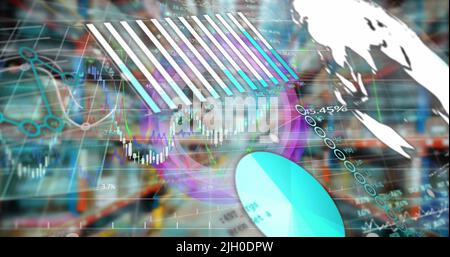 Image of graph, charts, globe and data processing over warehouse interior Stock Photo
