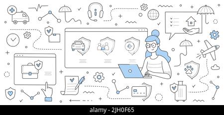 Insurance service doodle concept. Woman with laptop choose safety policy for health, life, property, family or pets protection with outline icons around. Secure assurance Linear vector illustration Stock Vector