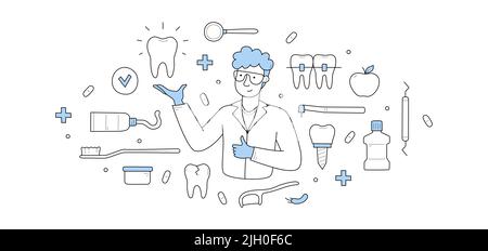 Dentistry medicine doodle concept. Stomatology doctor with healthy shining tooth in hand and medical linear equipment icons around. Dental clinic services, teeth and caries treatment vector signs Stock Vector