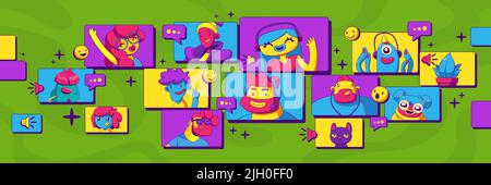 Online video call with friends or team. Vector flat illustration of virtual meeting with men and women, monsters, cat and plant in contemporary art style. Video chat face masks Stock Vector
