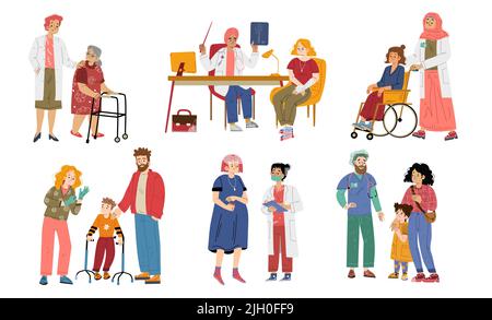 Doctors and patients in hospital. Concept of medical care for old and adult people, kids and pregnant. Vector illustration of diverse persons in clinic. Physician, surgeon, pediatrician consultation Stock Vector