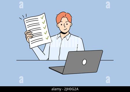 Happy man sitting at desk showing document with all tasks completed. Smiling businessman demonstrate filled form. Success and time management. Vector illustration.  Stock Vector