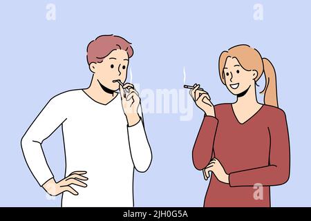 Smokers couple talking suffer from nicotine addiction. People with cigarettes smoking outside. Bad habit and healthcare. Vector illustration.  Stock Vector