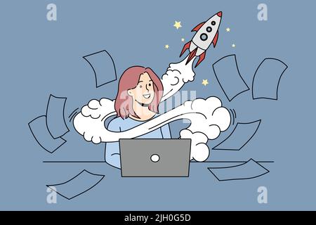 Motivated businesswoman working on computer launch startup. Smiling confident woman busy on laptop, rocket above head as innovative business idea. Vector illustration.  Stock Vector