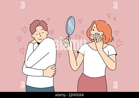 Happy people looking in mirror or hug themselves showing self-love and admiration. Man and woman loving inner beauty. Vector illustration.  Stock Vector