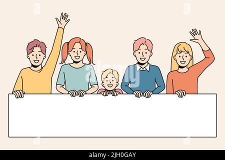 Happy children waving holding big paper banner on demonstration. Smiling kids have active social position go on march or protest. Activist and society. Vector illustration.  Stock Vector