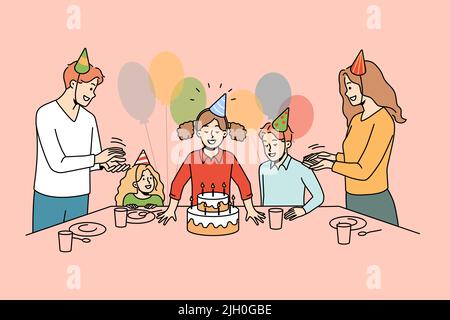 Happy family with children celebrate birthday blowing candles on cake. Excited kid with parents have fun on anniversary celebration. Vector illustration.  Stock Vector