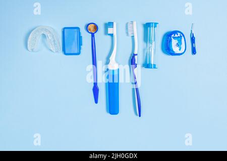 set for thorough cleaning of the oral cavity. Equipment for cleaning braces and plaque from teeth. Necessary tools for brushing teeth. Stock Photo