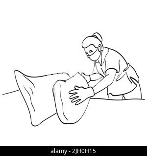 hotel female maid setting up white pillow on bed sheet in hotel room illustration vector hand drawn isolated on white background line art. Stock Vector