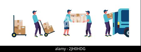 Delivery of goods on a trolley, a man carries a trolley with a load and puts it on the mail machine Stock Vector