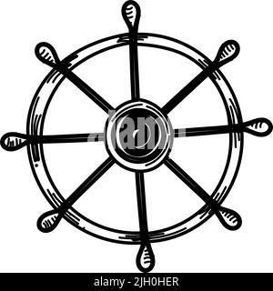 Hand-drawn nautical helm in sketch style. Decor element. Detail of a ship. Isolated vector on white background. Summer. Ocean. Flat design. Vector sim Stock Vector