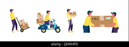 Delivery men, one person with a box, on a scooter with a box, two people deliver a box Stock Vector