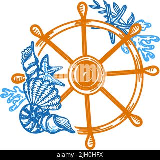 Hand-drawn nautical helm in sketch style. An element of decor. Ship's helm with sea shells, coral and seaweed. Office. Isolated vector on white backgr Stock Vector