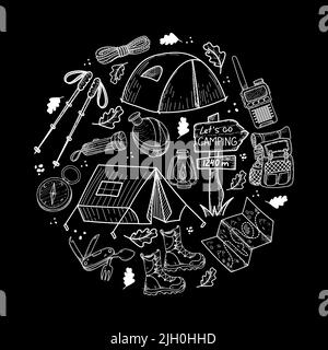 A camping kit with hand-drawn doodle-style elements. The items are arranged in a circle: tents, terrain map, backpack, etc. Items for tourism and recr Stock Vector