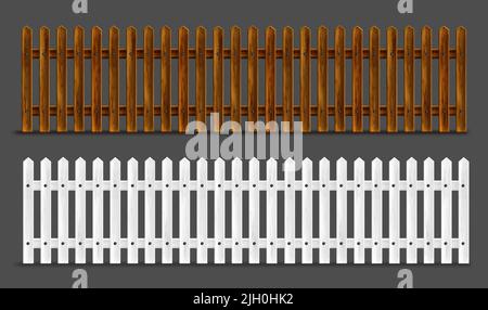 Wooden fence, palisade, stockade or balustrade with pickets. Brown and white banister or fencing sections with paling. Wood garden border balusters isolated elements, Realistic 3d vector illustration Stock Vector