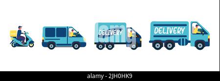 Delivery transport motorcycle with driver, car and two large delivery vehicles Stock Vector