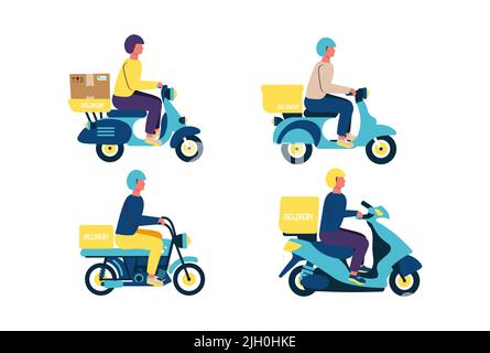 Cargo deliverymen and boxes on different motorcycles boxes labeled Stock Vector