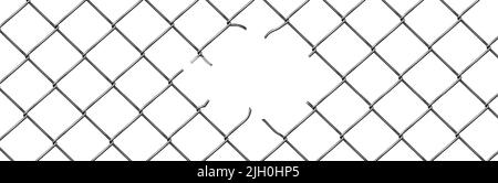 Broken wire fence, rabitz or chain link. Vector background of ripped metal mesh, steel grid or net with hole and wire cuts in center, damaged safety border, freedom concept, Realistic 3d illustration Stock Vector