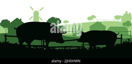 Pigs graze in pasture. Picture silhouette. Farm pets. Rural landscape with farmer house. Animals for meat and fat. Isolated on white background Stock Vector