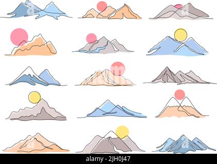 One line mountains range landscape. Sunset sun under mountain peak, minimal outline nature and abstract hill vector illustration set Stock Vector