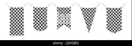 Racing flags, vinyl banners, black and white checkered pennons used in motor sport. Textile ensigns of with rounded, straight and pointed edges hang on ropes, Realistic 3d vector illustration, set Stock Vector