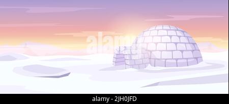 Igloo on Arctic landscape. Ice house, Anarctica snowy background and snow hut vector illustration Stock Vector