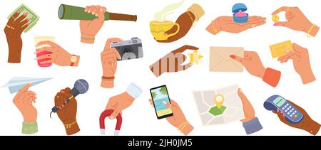 Hands holding things. Different objects in human hand, hold gestures. Hand with microphone, photo camera and mobile phone vector set Stock Vector