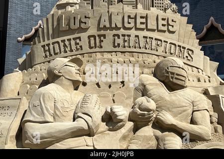 The 'Los Angeles: Home of Champions' sand sculpture at the Citadel Outlets, Friday, July 1, 2022, in the Commerce area of Los Angeles. The 20-foot tall, 36-feet wide, 350-ton sculpture recognizes the Super Bowl LVI champion Los Angeles Rams, MLB World Series champion Los Angeles Dodgers, NBA champion Los Angeles Lakers, NHL Stanley Cup champions LA Kings and  NCAA Champions USC Trojans and UCLA Bruins Stock Photo