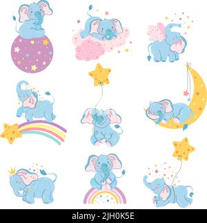 Dreamy elephants character. Cute animal sleep on moon, baby elephant dream on clouds and stars pastel vector Illustration set Stock Vector