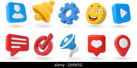 Marketing 3D icons. Location pin, check mark, yellow smile emoji and notification bell. Contacts and settings, megaphone and play video button vector Stock Vector