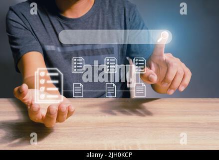 Abstract Man's Hand Shows Searching for Big Data. SEO systems have excavated links to information documents from the use of cloud technology. Stock Photo