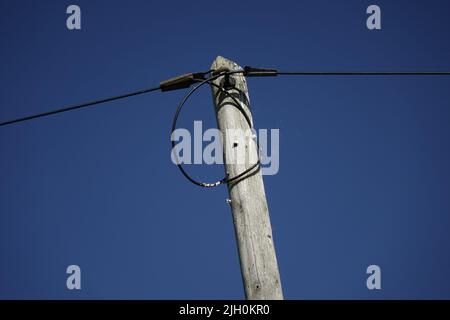 Wires and top of old wooden telegraph pole plus small cobbweb on the right side under a blue spring sky, concept: vintage, use: background, wallpaper Stock Photo