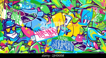 Abstract Colorful Urban Graffiti Style Sticker Bombing With Some Street Art Lettering Vector Illustration Background Stock Vector