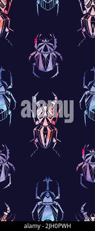 Vector seamless neon pattern with watercolor beetles and bedbugs on a purple background. Entomology texture. Fabric swatch with polygonal insects. Stock Vector