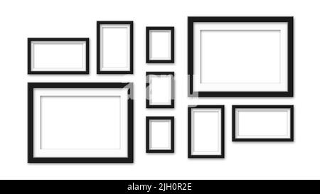 Dark photo frames on white background - Realistic empty photo frames of different size and shape - Mockups for gallery, exhibitions, photo borders Stock Photo