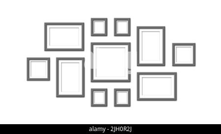 Dark photo frames on white background - Realistic empty photo frames of different size and shape - Mockups for gallery, exhibitions, photo borders Stock Photo