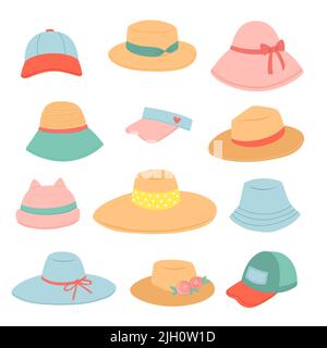 Set of summer hats, straw hats flat design vector Stock Vector