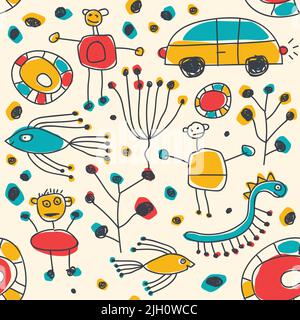 Authentic Kids Drawing. Cute Scribble Background. Seamless Wallpaper Design Stock Vector