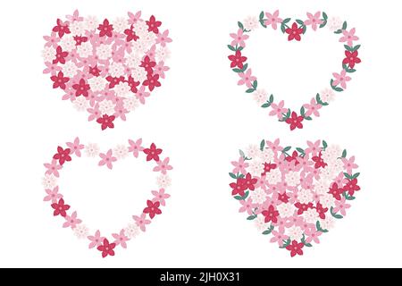 Floral set wreaths in heart shape from flowers, green leaves and branches. Elements for invitation, greeting cards, decorations Stock Vector