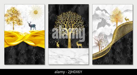 Art mural wallpaper landscape with black and white marble. golden trees, mountains, golden waves, golden sun. wall art canvas Stock Photo