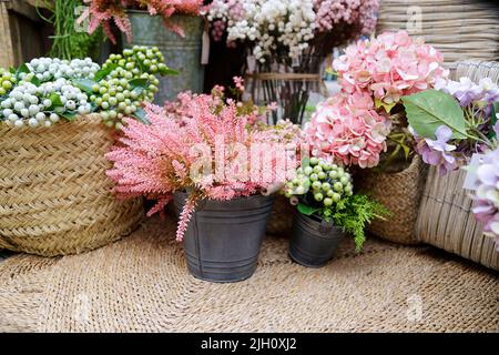Cozy corner with several plants for sale in a flower street market Stock Photo