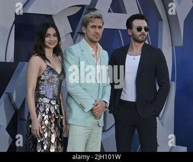 Los Angeles, United States. 14th July, 2022. Cast members Ana de Armas, Ryan Gosling and Chris Evans (L-R) attend Netflix's premiere of the motion picture drama 'The Gray Man' at the TCL Chinese Theatre in the Hollywood section of Los Angeles on Wednesday, July 13, 2022. Storyline: When the CIA's top asset, his identity known to no one uncovers agency secrets, he triggers a global hunt by assassins set loose by his ex-colleague. Photo by Jim Ruymen/UPI Credit: UPI/Alamy Live News Stock Photo