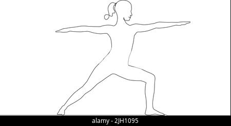 continuous single line drawing of woman in warrior yoga pose, line art vector illustration Stock Vector